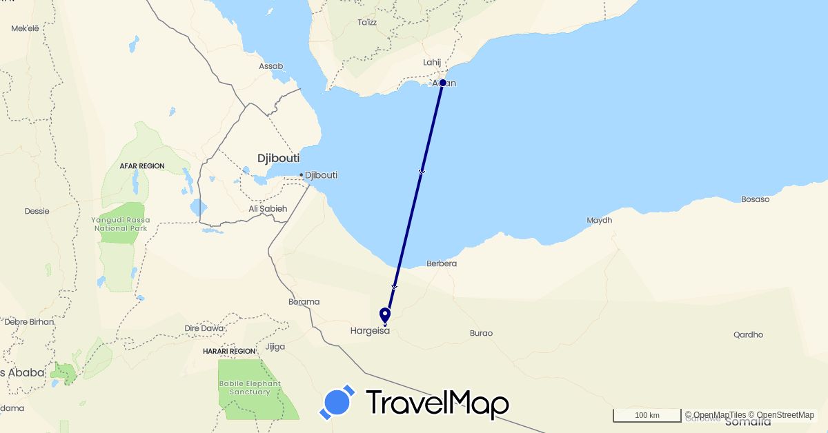 TravelMap itinerary: driving in Somalia, Yemen (Africa, Asia)